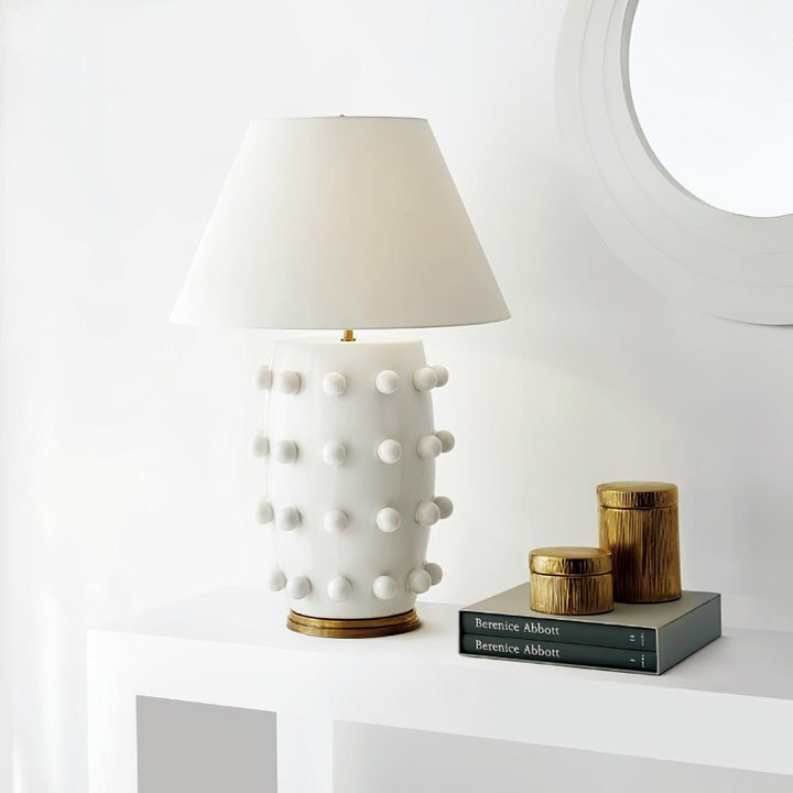 White Polka Dot Ceramic Table Lamp with Brass Accents