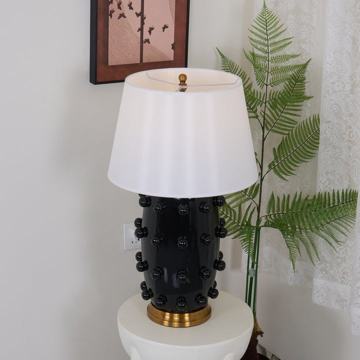 White Polka Dot Ceramic Table Lamp with Brass Accents