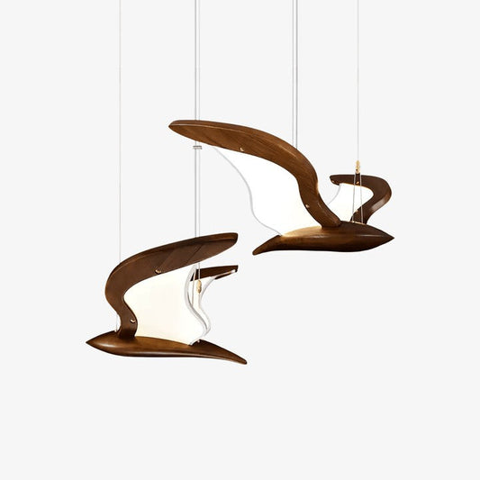 Wing-Shaped LED Pendant Lamp with Wooden Accents