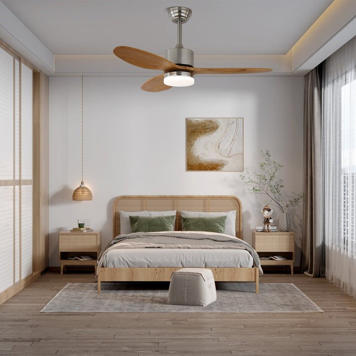 Wooden Blade LED Ceiling Fan Light – Modern Nordic Dimmable Design