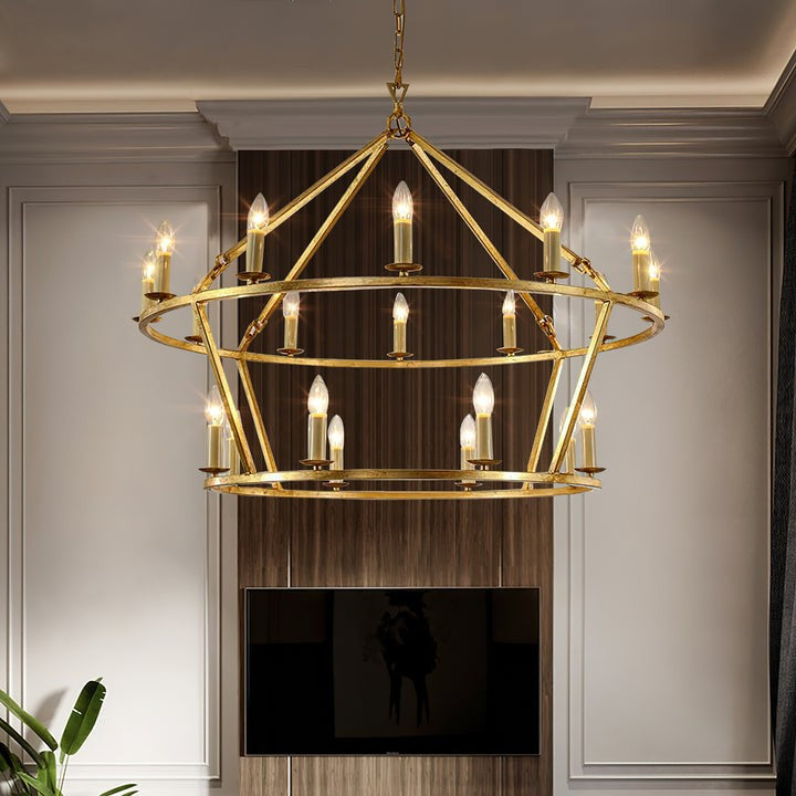 20-Light Wrought Brass Wagon Wheel Chandelier
