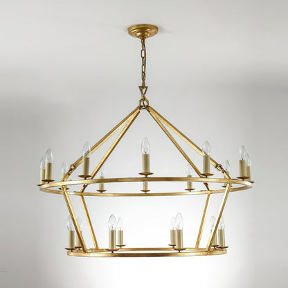 20-Light Wrought Brass Wagon Wheel Chandelier