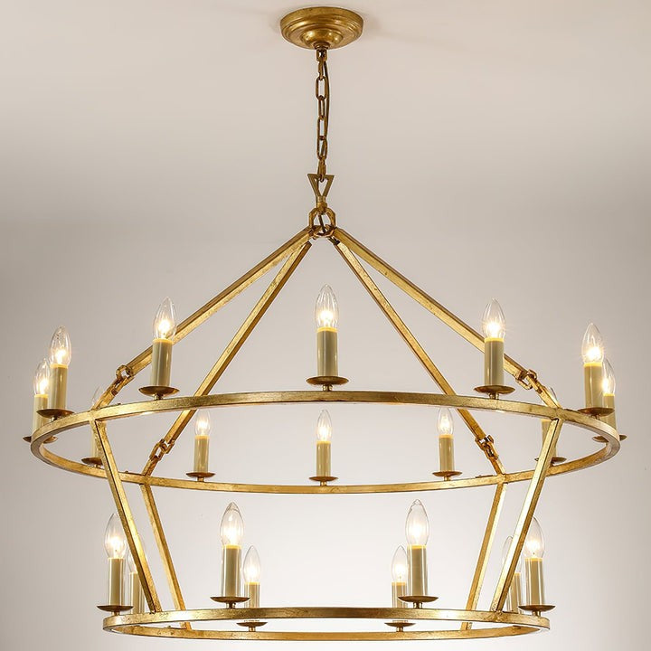 20-Light Wrought Brass Wagon Wheel Chandelier