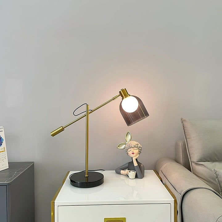 Adjustable Black Marble & Metal Table Lamp with Smoked Glass Shade