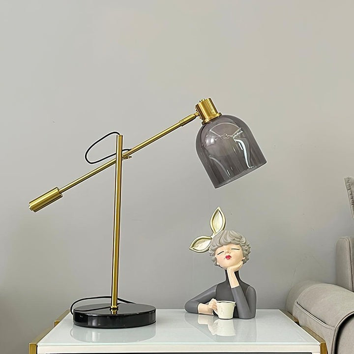 Adjustable Black Marble & Metal Table Lamp with Smoked Glass Shade
