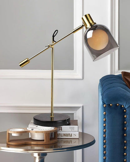 Adjustable Black Marble & Metal Table Lamp with Smoked Glass Shade
