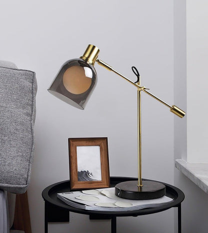 Adjustable Black Marble & Metal Table Lamp with Smoked Glass Shade