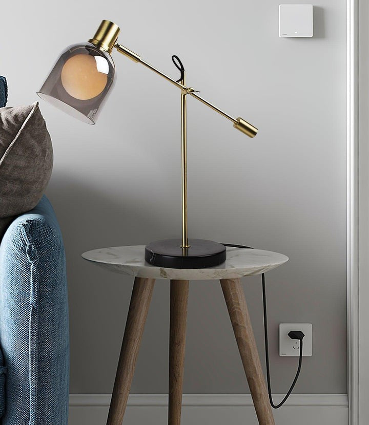 Adjustable Black Marble & Metal Table Lamp with Smoked Glass Shade