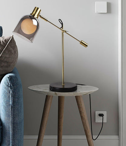 Adjustable Black Marble & Metal Table Lamp with Smoked Glass Shade