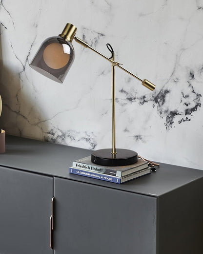 Adjustable Black Marble & Metal Table Lamp with Smoked Glass Shade