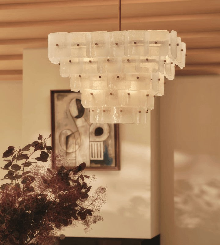Adjustable Tiered Frosted Glass Chandelier with Brass Frame