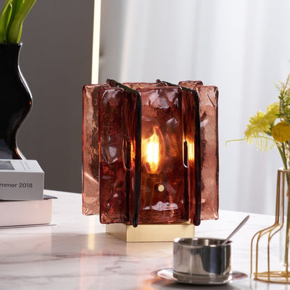 Amber Glass Block Table Lamp with Brass Base