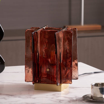 Amber Glass Block Table Lamp with Brass Base