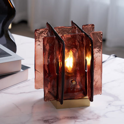 Amber Glass Block Table Lamp with Brass Base