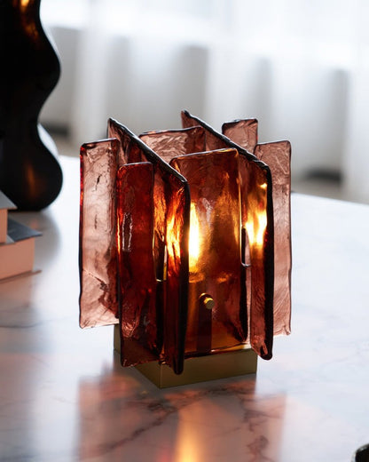 Amber Glass Block Table Lamp with Brass Base