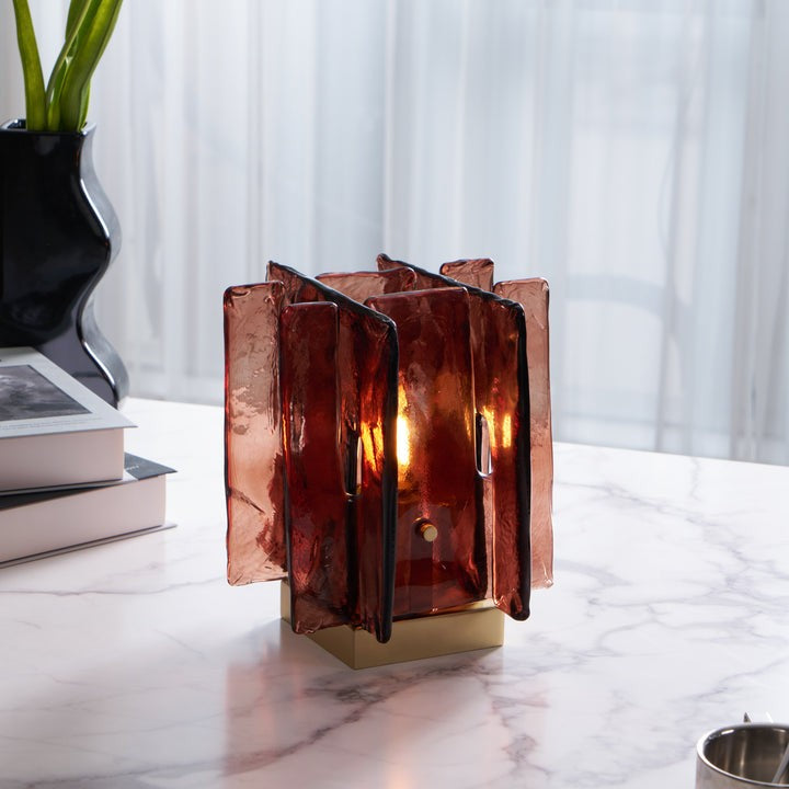 Amber Glass Block Table Lamp with Brass Base