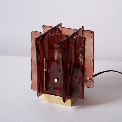 Amber Glass Block Table Lamp with Brass Base