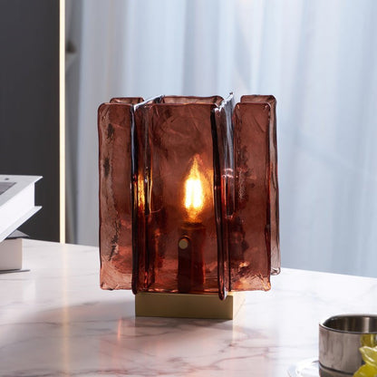 Amber Glass Block Table Lamp with Brass Base