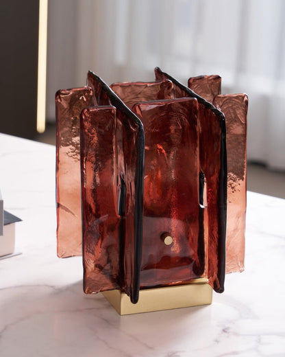 Amber Glass Block Table Lamp with Brass Base