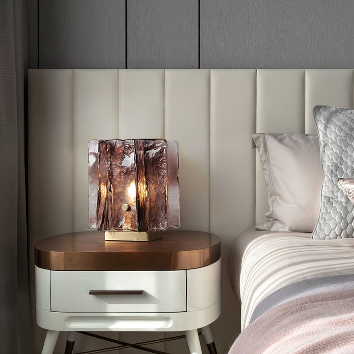 Amber Glass Block Table Lamp with Brass Base