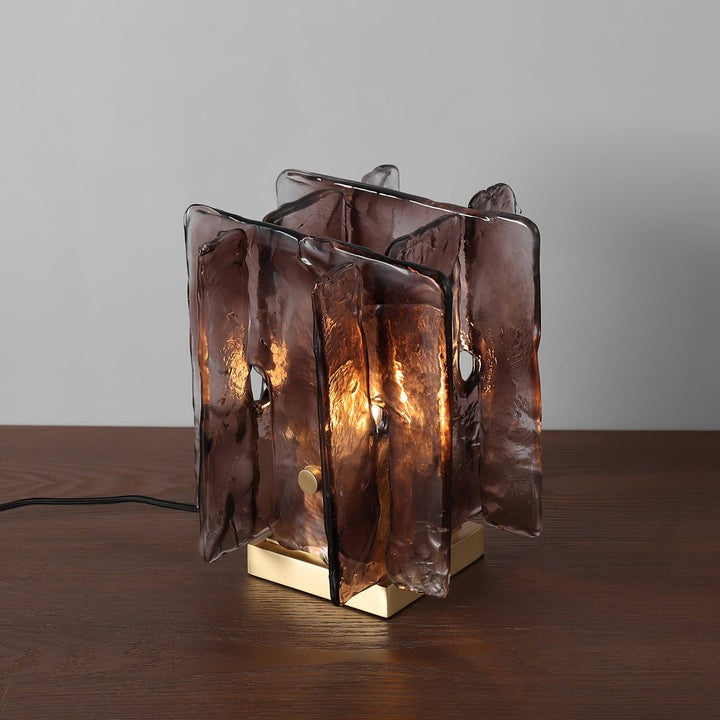 Amber Glass Block Table Lamp with Brass Base