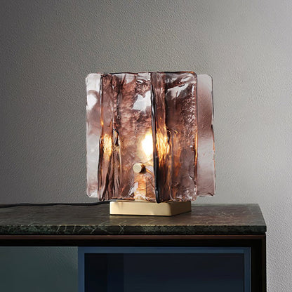 Amber Glass Block Table Lamp with Brass Base