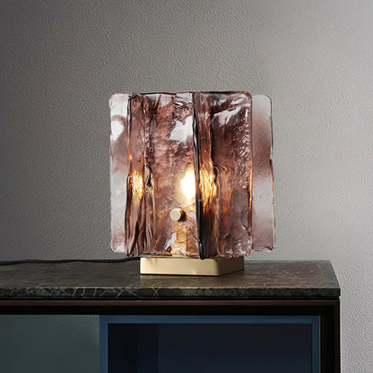 Amber Glass Block Table Lamp with Brass Base