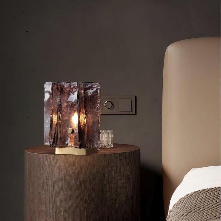 Amber Glass Block Table Lamp with Brass Base