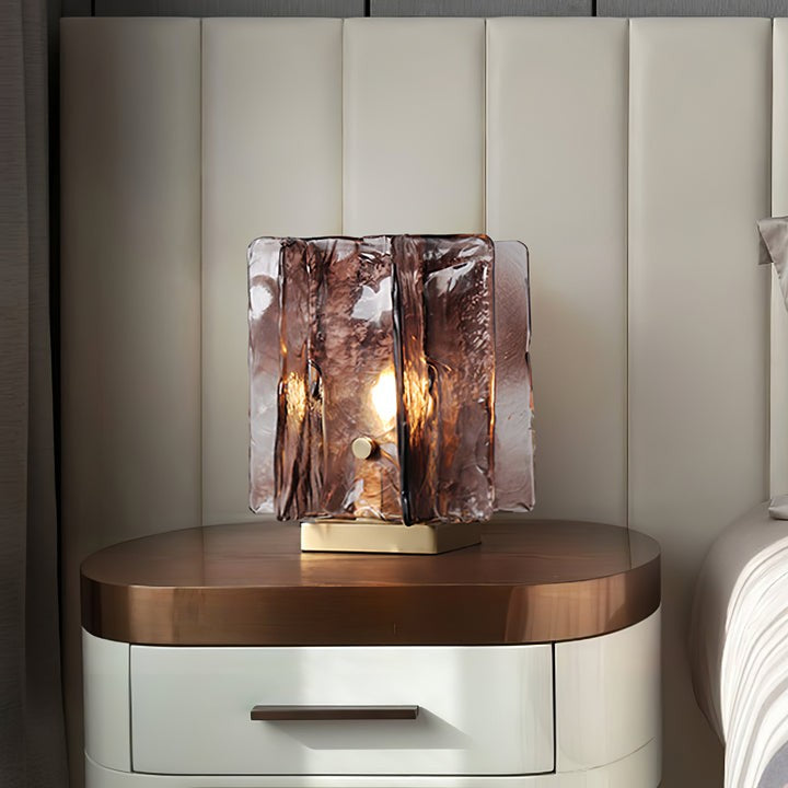 Amber Glass Block Table Lamp with Brass Base