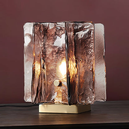 Amber Glass Block Table Lamp with Brass Base