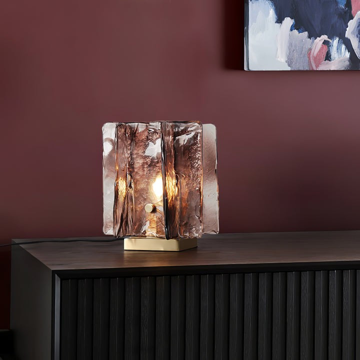 Amber Glass Block Table Lamp with Brass Base