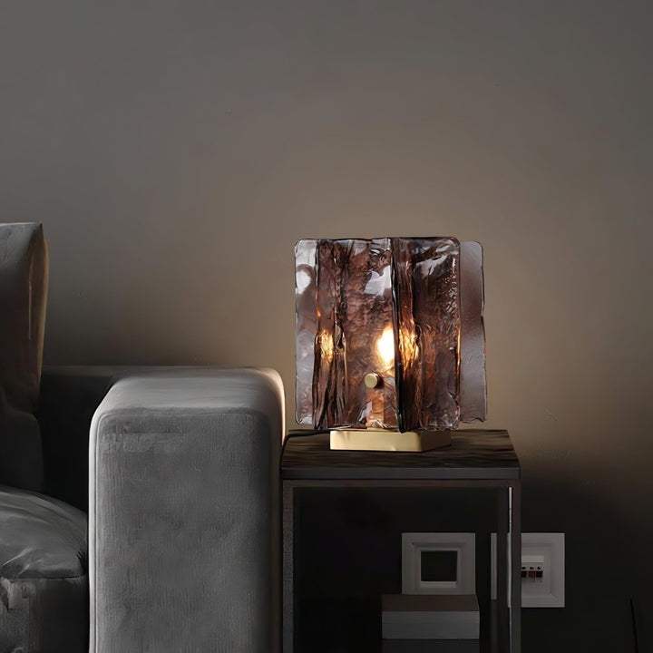 Amber Glass Block Table Lamp with Brass Base