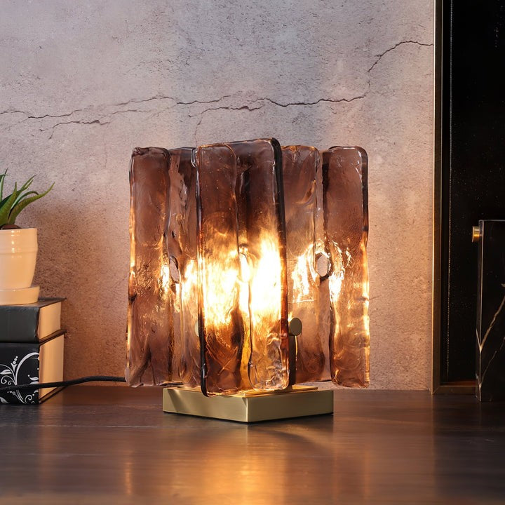 Amber Glass Block Table Lamp with Brass Base