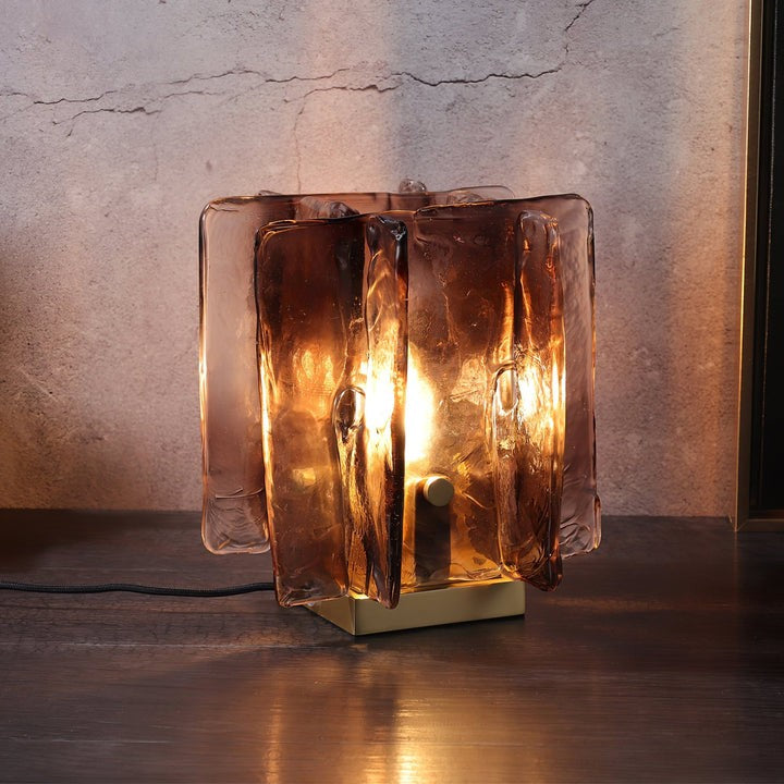 Amber Glass Block Table Lamp with Brass Base