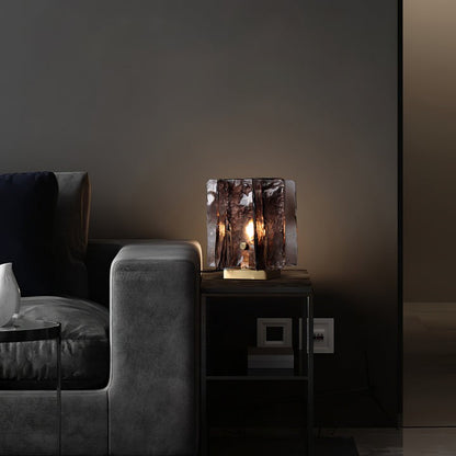 Amber Glass Block Table Lamp with Brass Base