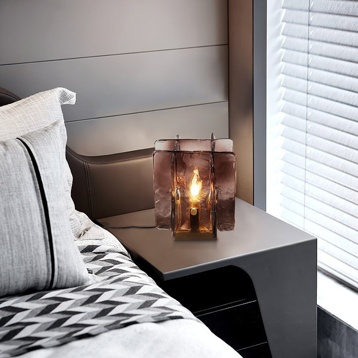 Amber Glass Block Table Lamp with Brass Base