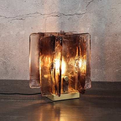 Amber Glass Block Table Lamp with Brass Base