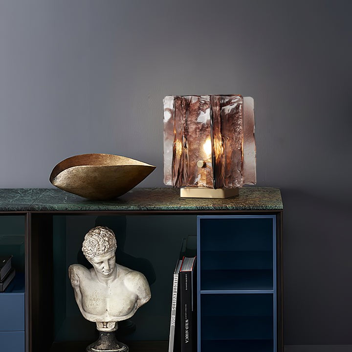 Amber Glass Block Table Lamp with Brass Base