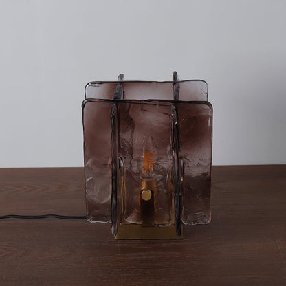 Amber Glass Block Table Lamp with Brass Base