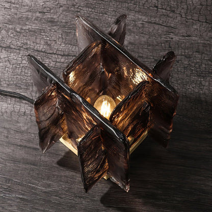 Amber Glass Block Table Lamp with Brass Base
