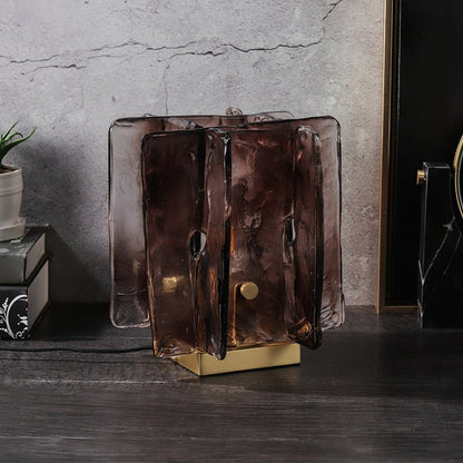 Amber Glass Block Table Lamp with Brass Base