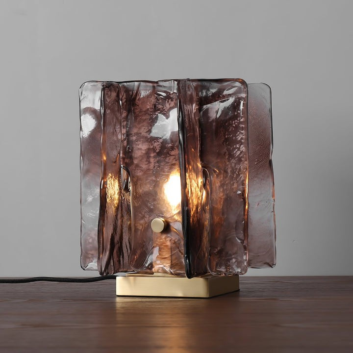 Amber Glass Block Table Lamp with Brass Base