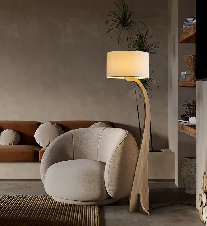 Arched Wooden Floor Lamp with Fabric Shade
