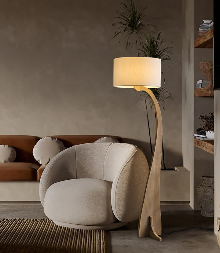 Arched Wooden Floor Lamp with Fabric Shade