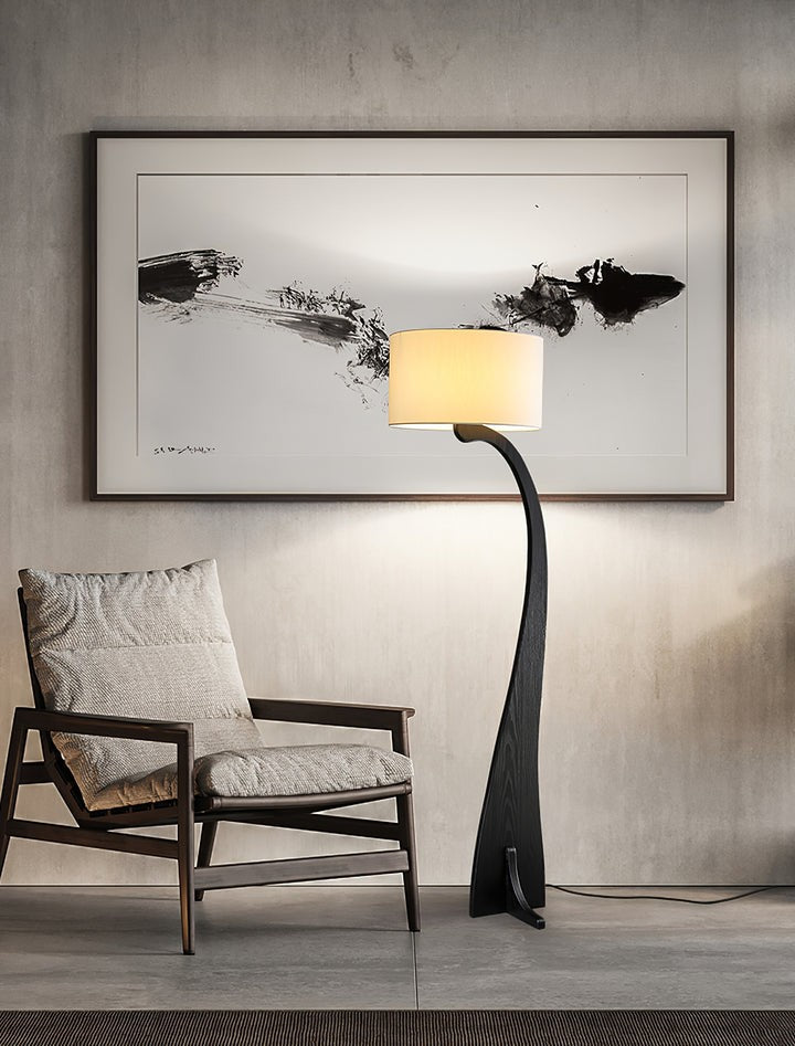 Arched Wooden Floor Lamp with Fabric Shade