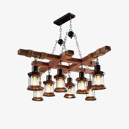 Artisanal 8-Light Wood & Glass Retro Chandelier