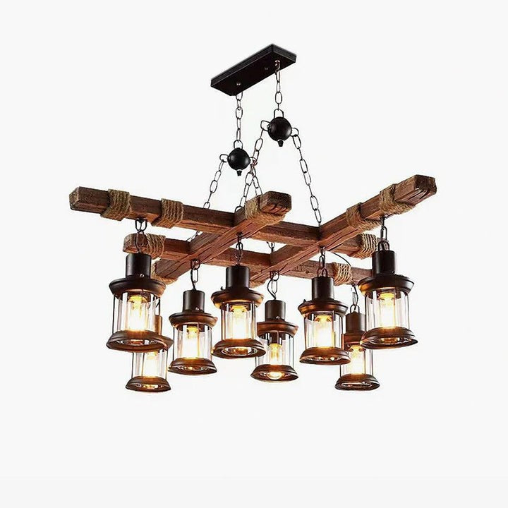 Artisanal 8-Light Wood & Glass Retro Chandelier