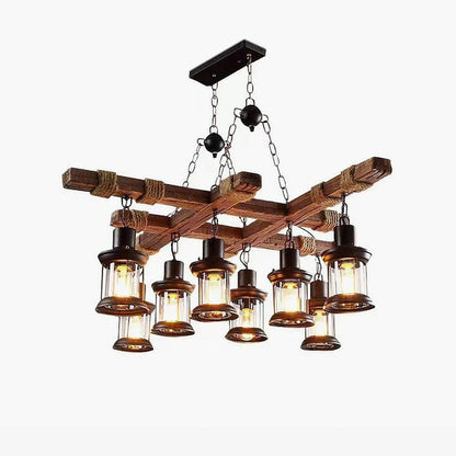 Artisanal 8-Light Wood & Glass Retro Chandelier