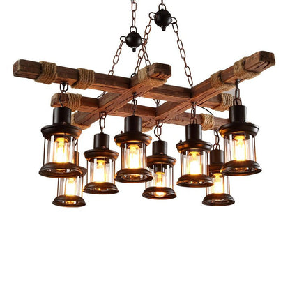 Artisanal 8-Light Wood & Glass Retro Chandelier