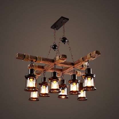 Artisanal 8-Light Wood & Glass Retro Chandelier